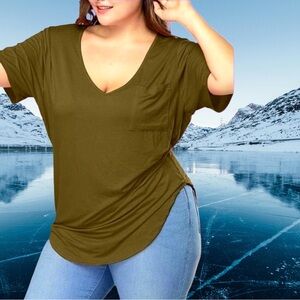 🆕Allegrace Women’s plus-size Olive Green Short-sleeve Swoop-neck Tee❤️❤️3X